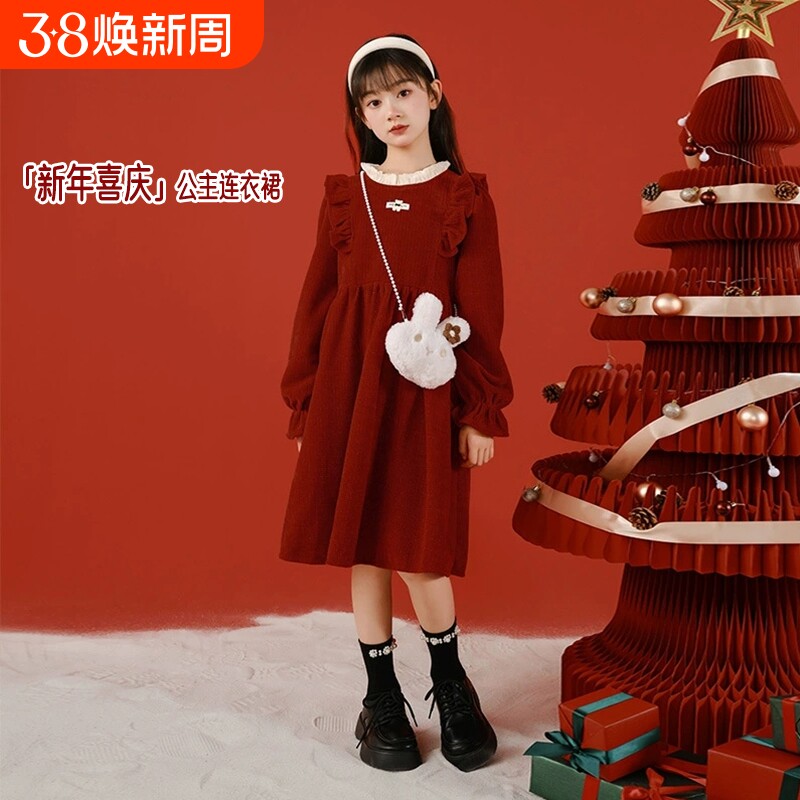 红色女童公主连衣裙新年服装秋冬裙子冬装2026新款拜年服儿童衣服