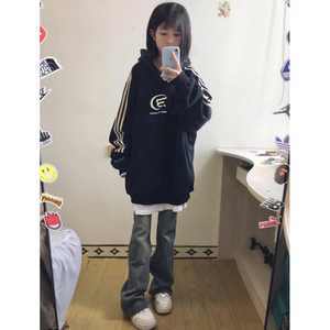 美式潮牌拼接三条杠条纹连帽卫衣女秋冬情侣宽松oversize小众上衣