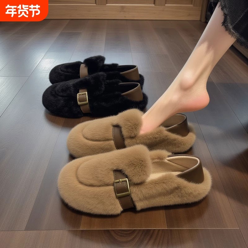 水貂毛毛鞋女冬季外穿2025新款网红一脚蹬两穿软底豆豆棉鞋平底,女鞋,毛毛鞋,淘宝优惠券,粉丝福利购,淘宝优惠卷