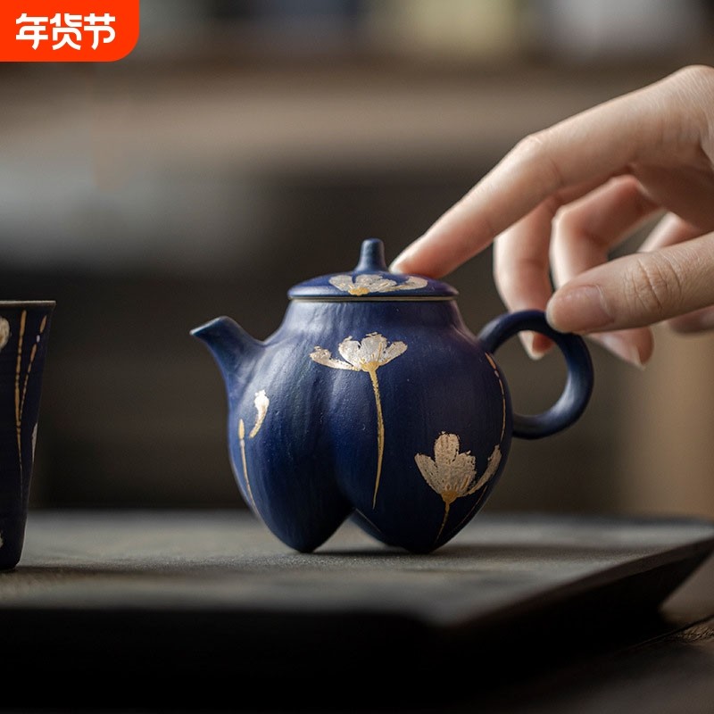 克莱因蓝粉引手工茶壶金银彩手绘泡茶壶带过滤复古轻奢风家用,餐饮具,茶壶,淘宝优惠券,粉丝福利购,淘宝优惠卷