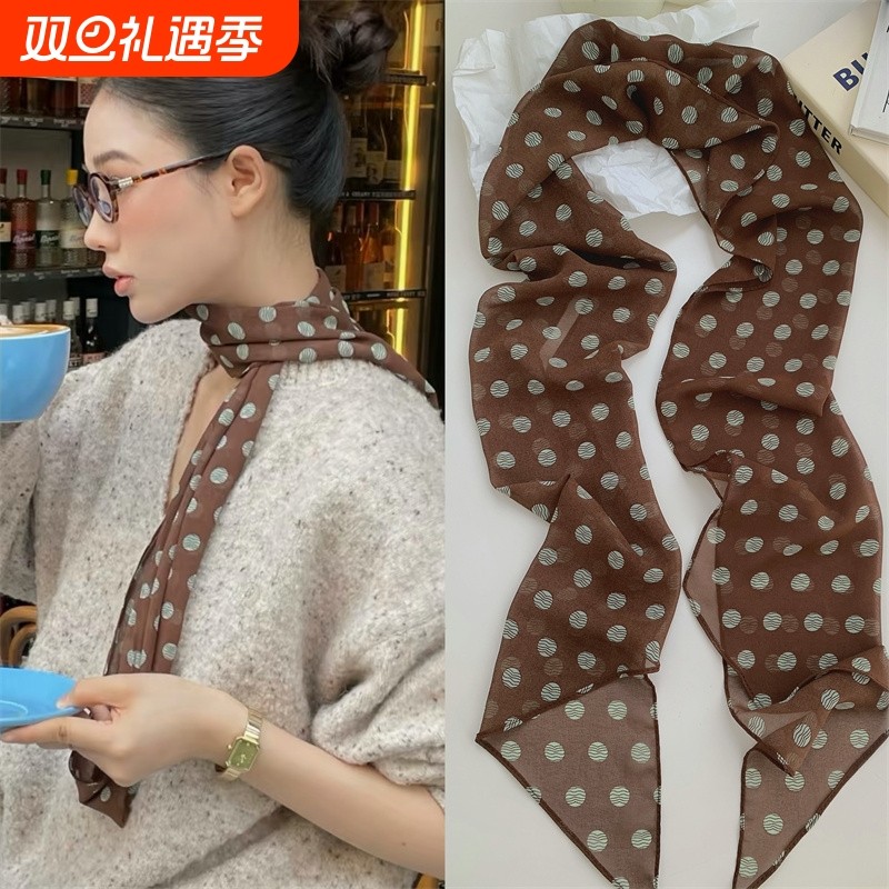 棕色波点丝巾印花高级百搭配饰系脖女2025年新款发带绑发长条围巾