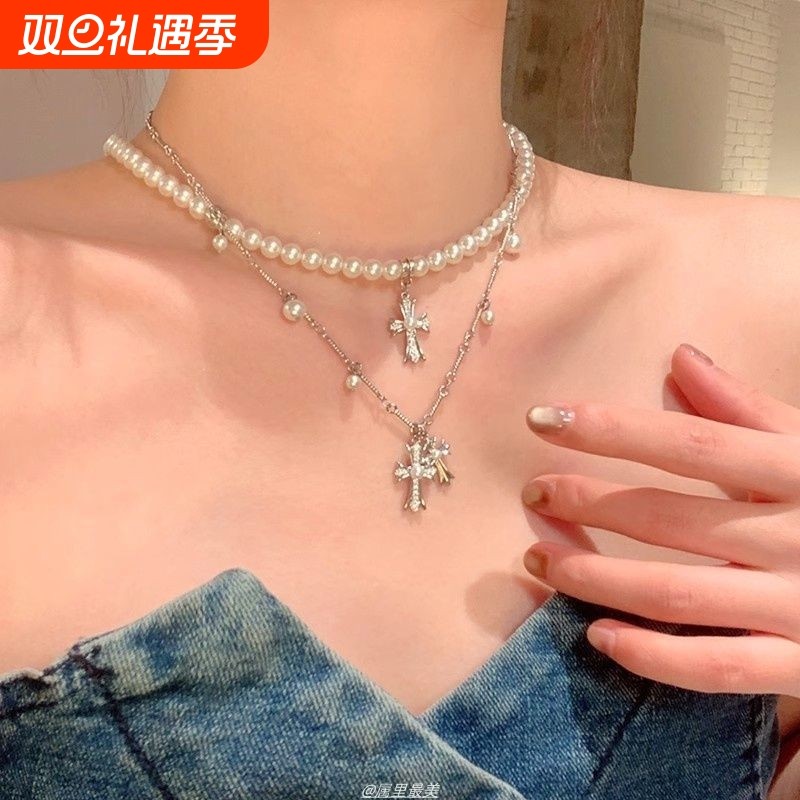 美式双层~珍珠十字架辣妹叠戴项链女高级感轻奢小众锁骨链颈链