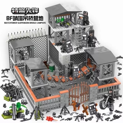 新款军事武装特警人仔防空洞堡垒哨卡瞭望塔拼装积木玩具特种兵