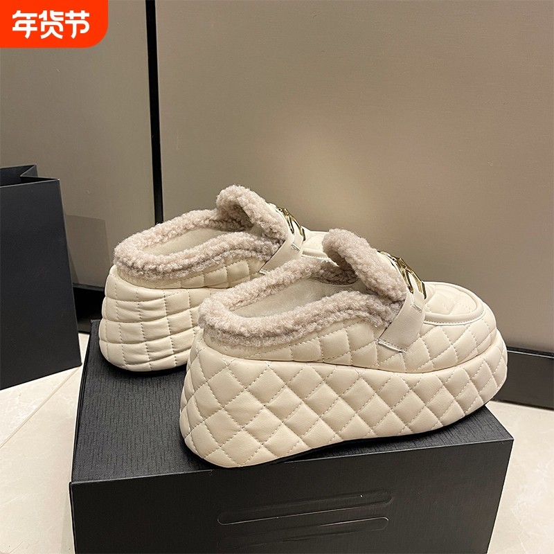 加绒包头棉拖鞋女秋冬外穿2024新款坡跟厚底高跟增高毛毛拖鞋子,女鞋,毛毛鞋,淘宝优惠券,粉丝福利购,淘宝优惠卷