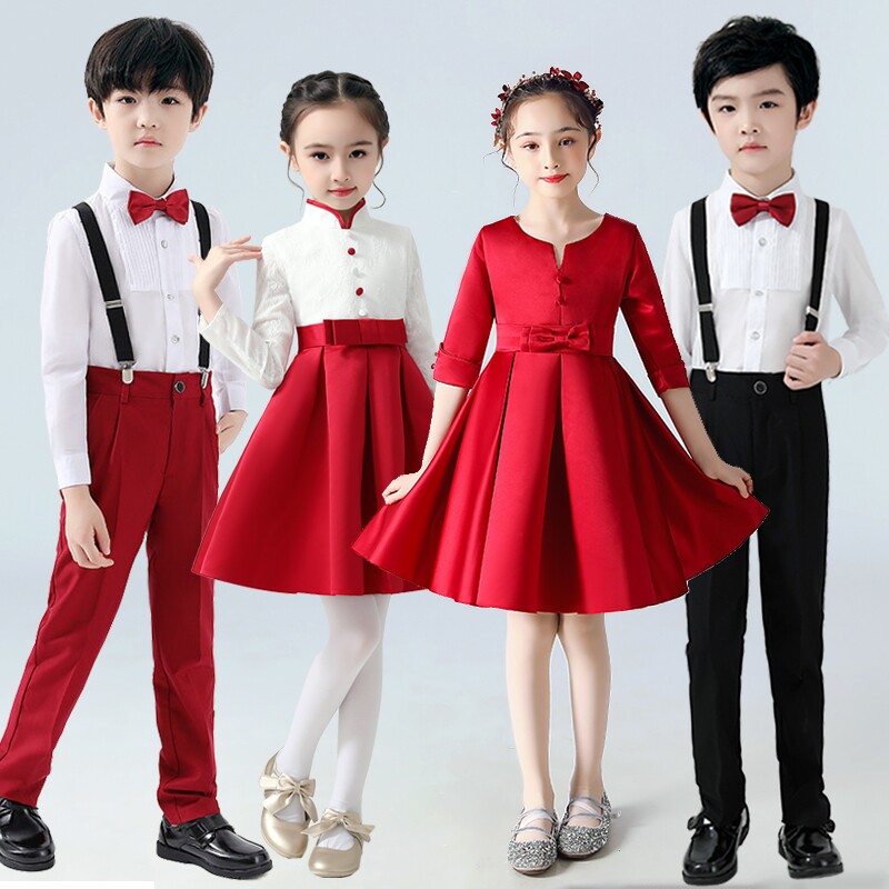 六一儿童演出服小学生合唱女童礼服舞蹈裙子红色演讲朗诵表演服装