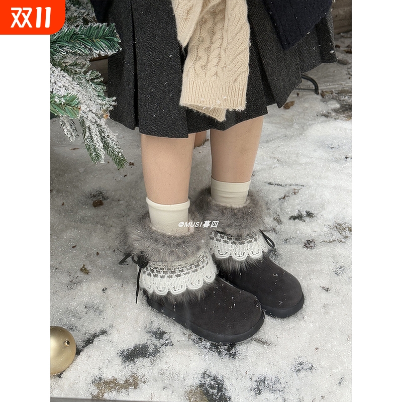 皮毛一体厚底雪地靴女款2025新款冬季一脚蹬毛毛鞋加绒保暖棉鞋子