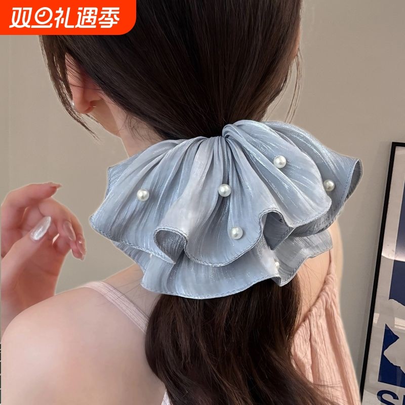 超仙网纱珍珠大肠发圈高级感珠光缎面头绳气质扎发绳法式发饰褶皱