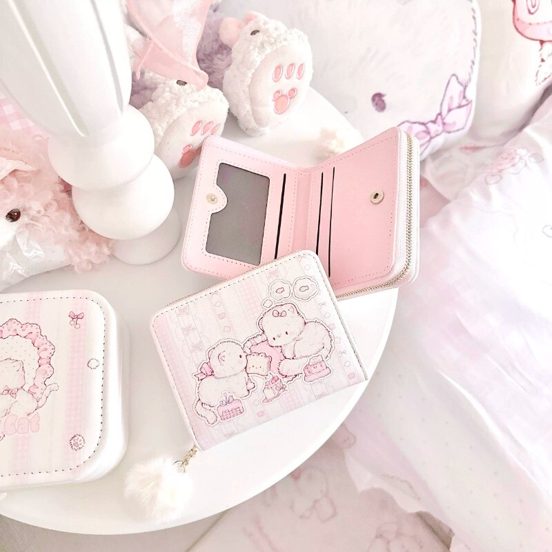 软萌猫咪短款二折钱包少女粉色图片