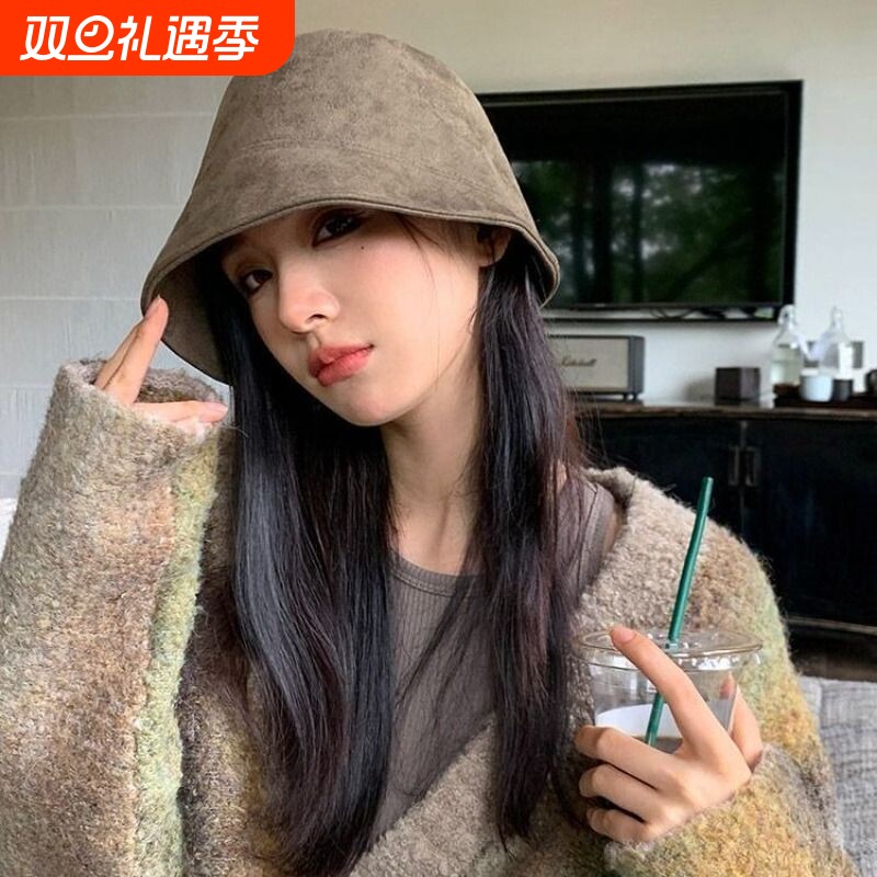 麂皮绒渔夫帽子2025新款女秋冬百搭显脸小素颜盆帽气质遮脸水桶帽