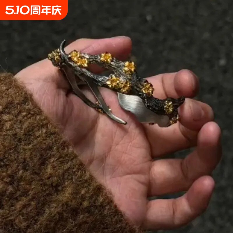 桃花手镯个性复古做旧传统文化高级感精雕开口镯子送男士礼物