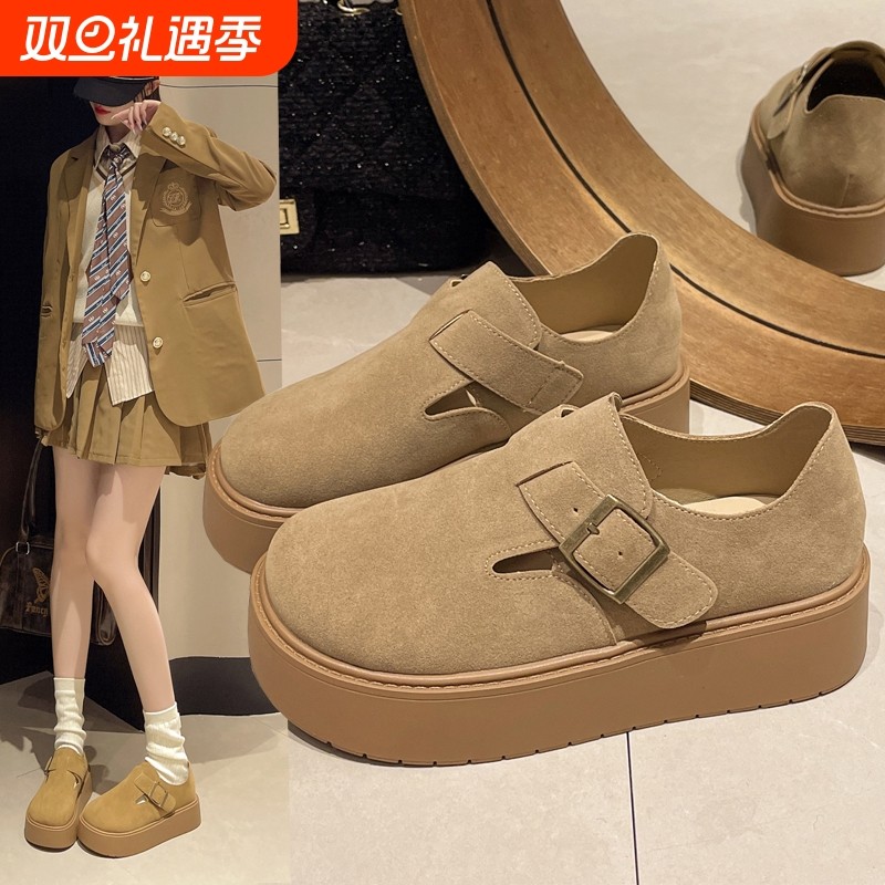 勃肯鞋女加绒单鞋2025年春秋新款厚底松糕一脚蹬乐福鞋全包博肯鞋