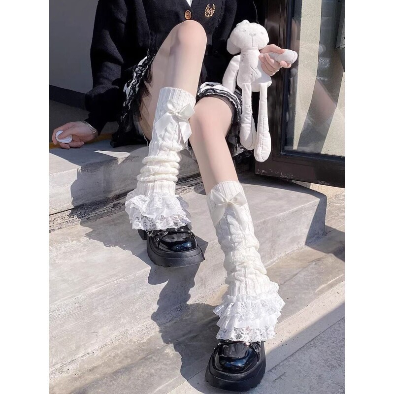 蕾丝花边小腿袜套女蝴蝶结堆堆袜子jk洛丽塔显瘦腿套灰色中筒白色