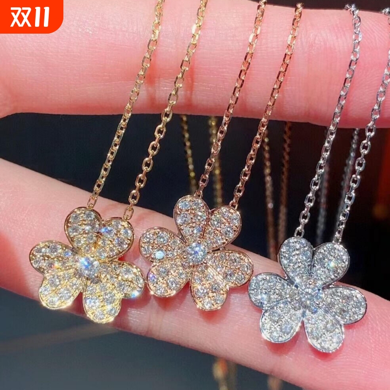 S925纯银满钻三叶草项链幸运草花瓣国产莫桑石锁骨链时尚简约吊坠