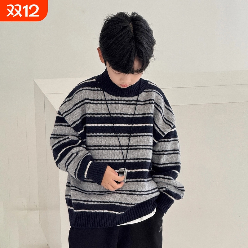 男童毛衣秋冬款2025新款大儿童装冬季加厚条纹半高领针织线衣冬装