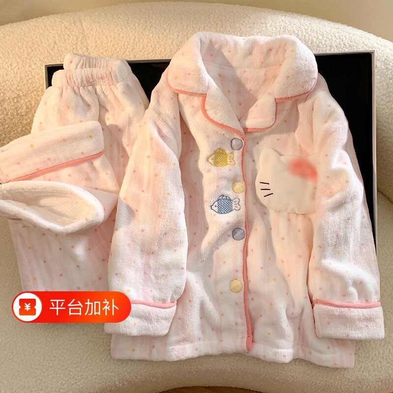 冬季珊瑚绒法兰绒儿童女童睡衣加绒加厚保暖甜美初中生家居服套装