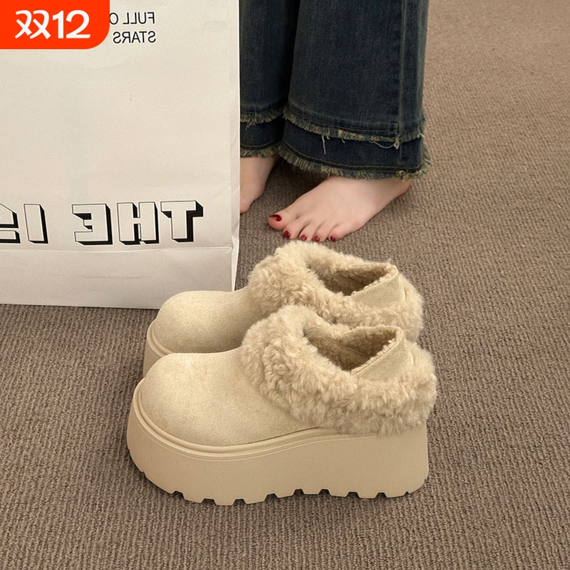 毛毛口勃肯鞋女外穿2025冬季新款厚底增高两穿保暖松糕雪地靴棉鞋