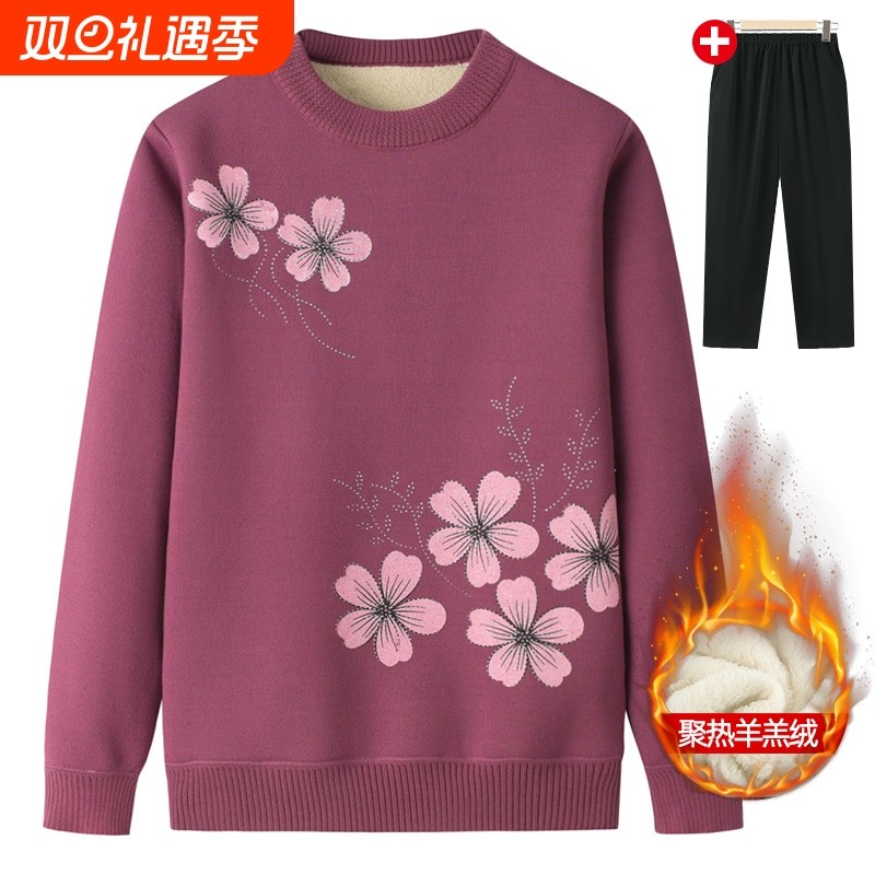 奶奶妈妈秋冬毛衣女春秋上衣保暖衣中老年人加绒加厚打底老人红色