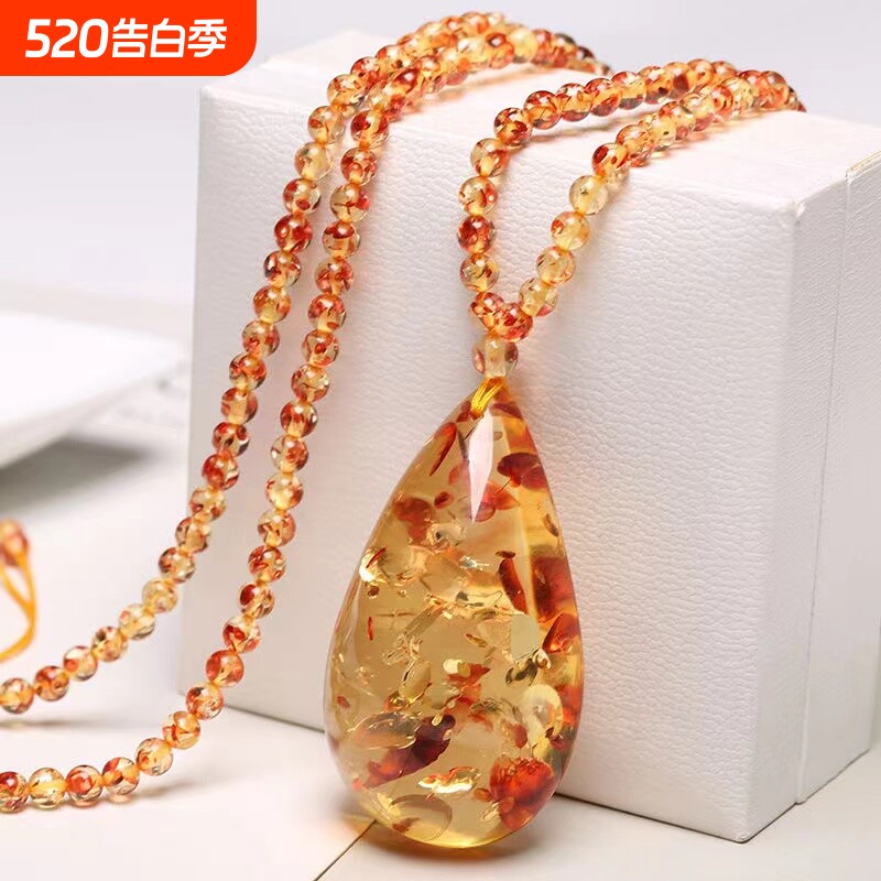 金珀利花珀水滴吊坠毛衣链仿蜜蜡花琥珀项链二代琥珀毛衣链坠手镯