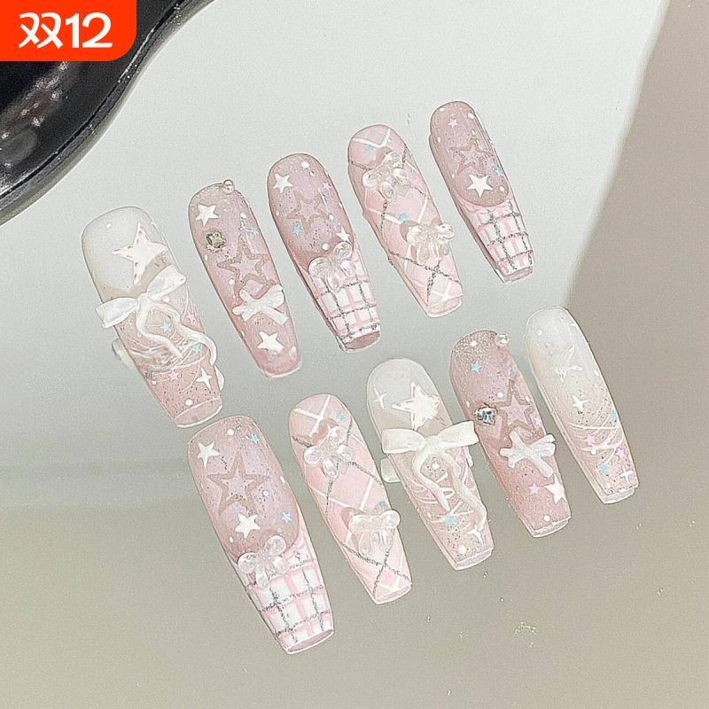 可爱少女蕾丝手工爆闪穿戴法式蝴蝶结高级可爱指甲显白可拆卸美甲