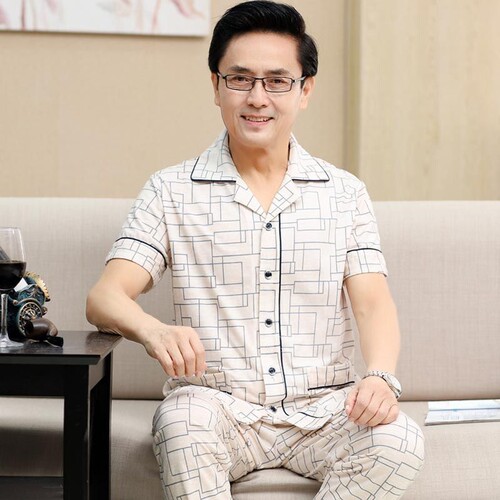 睡衣男夏季纯棉短袖长裤薄款宽松中老年爸爸家居可外穿格子开衫