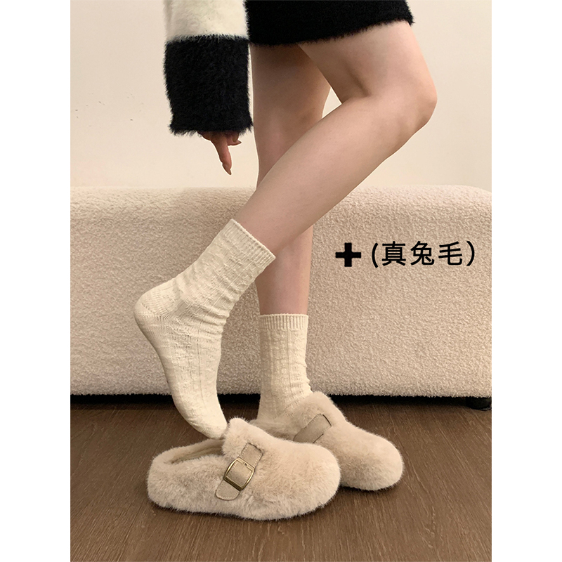 厚底兔毛包头毛毛拖鞋女外穿2025新款冬季一脚蹬加绒毛茸茸棉拖鞋