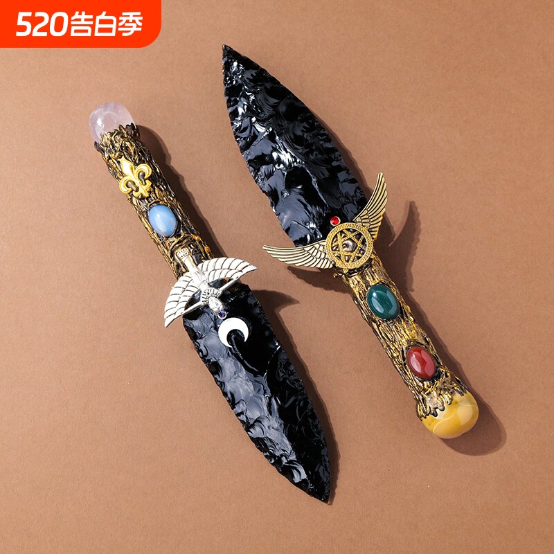 黑曜石刀原矿石刀石器天然水晶矿石标本摆件手工石头刀蛋白石海洋