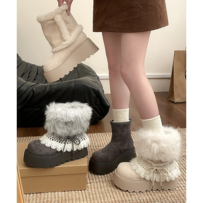 时装风~费尔岛保暖毛毛厚底雪地靴女款2025新款冬季加绒加厚棉鞋