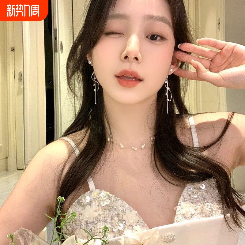 过年韩系树叶珍珠流苏耳环女轻奢高级感气质耳钉耳饰无耳洞耳夹