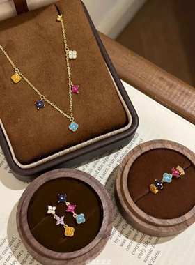 中古复古气质四叶草锆石耳钉彩色滴釉高级感耳环夏天甜美耳饰项链