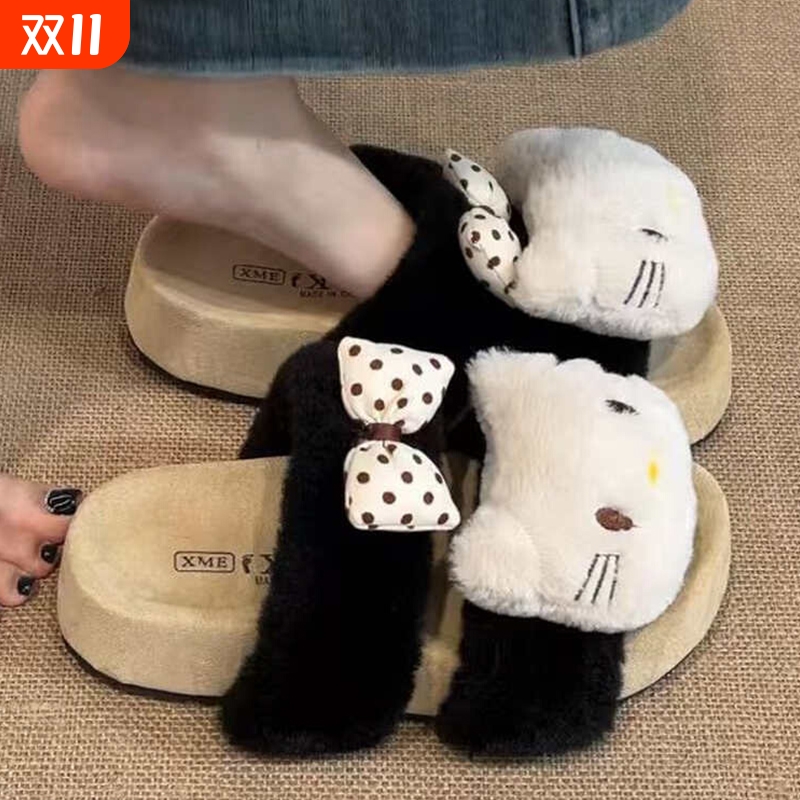 时尚可爱复古卡通小猫咪毛毛拖鞋女款2025秋冬季新款家居碎花棉拖