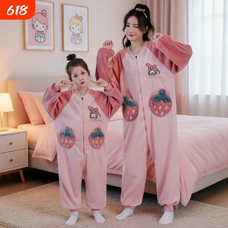 2025新款儿童连体睡衣秋冬季女童宝宝珊瑚绒睡袋母女亲子装家居服
