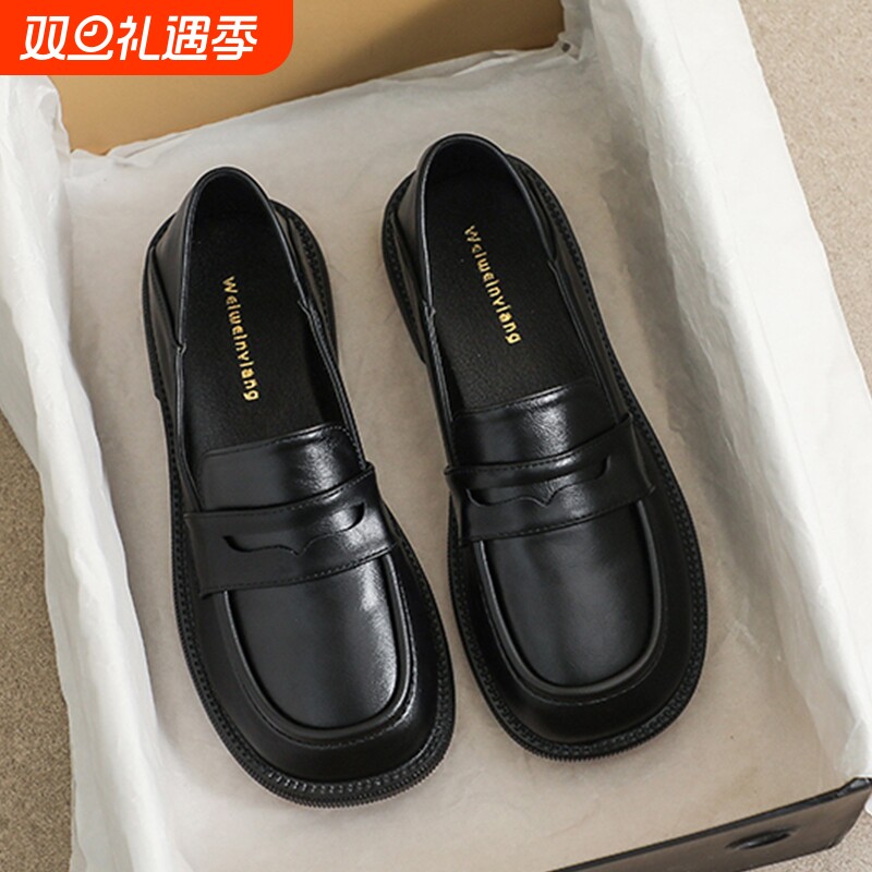 英伦小皮鞋女2025新款夏季黑色平底单鞋一脚蹬乐福鞋女大码女鞋