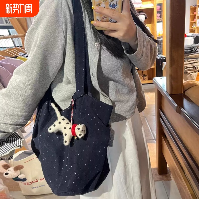 韩系波点帆布包2025新款慵懒风休闲百搭通勤布袋单肩托特包大容量