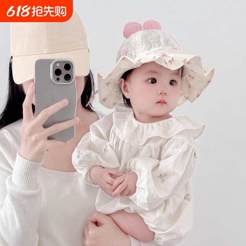 女宝宝帽子春秋薄款甜美蝴蝶结渔夫帽女童小月龄遮阳可调节盆帽夏