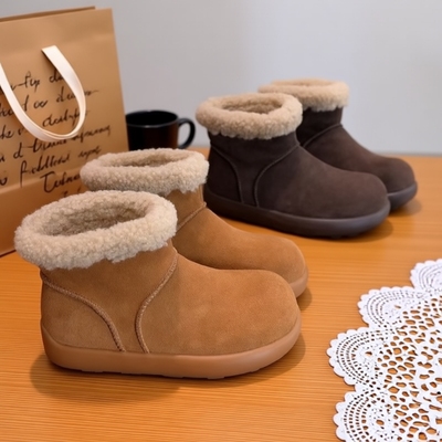 QVAJ平底雪地靴女款加绒短靴子2025新款冬季丑萌大棉鞋真皮