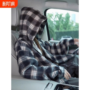 衬衣开衫 美式 慵懒风长袖 外套男女秋冬中长款 卫衣新年 格子连帽衬衫