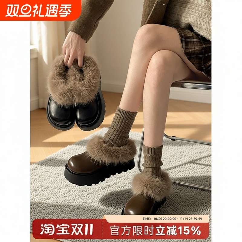 百搭时尚棕色增高厚底棉鞋女款2025新款冬季加绒雪地勃肯毛毛拖鞋