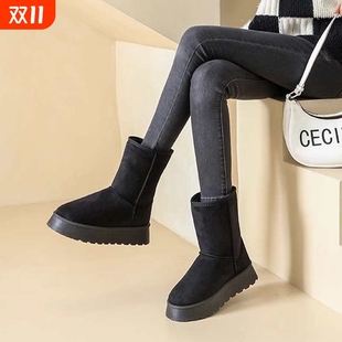 防滑防水黑色 加绒加厚东北大棉鞋 中筒软底短靴厚底雪地靴女款 冬季