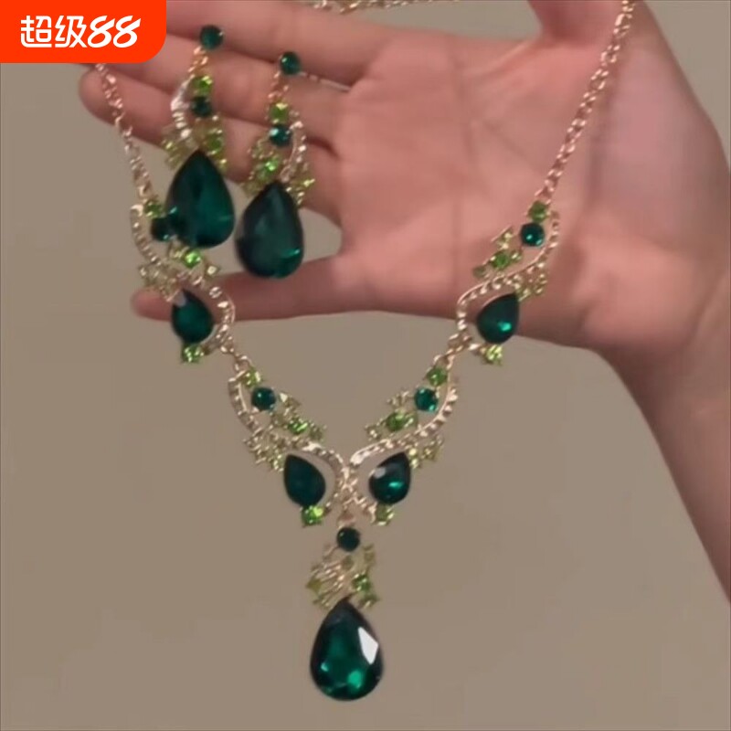 复古夸张水滴项链耳环套装绿色欧美风轻奢重工独特高级感锁骨链女