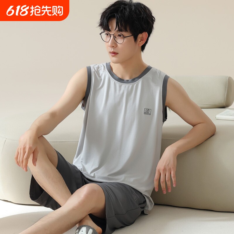 背心短裤睡衣男款夏季无袖套装莫代尔棉绸冰丝男士男生大码家居服