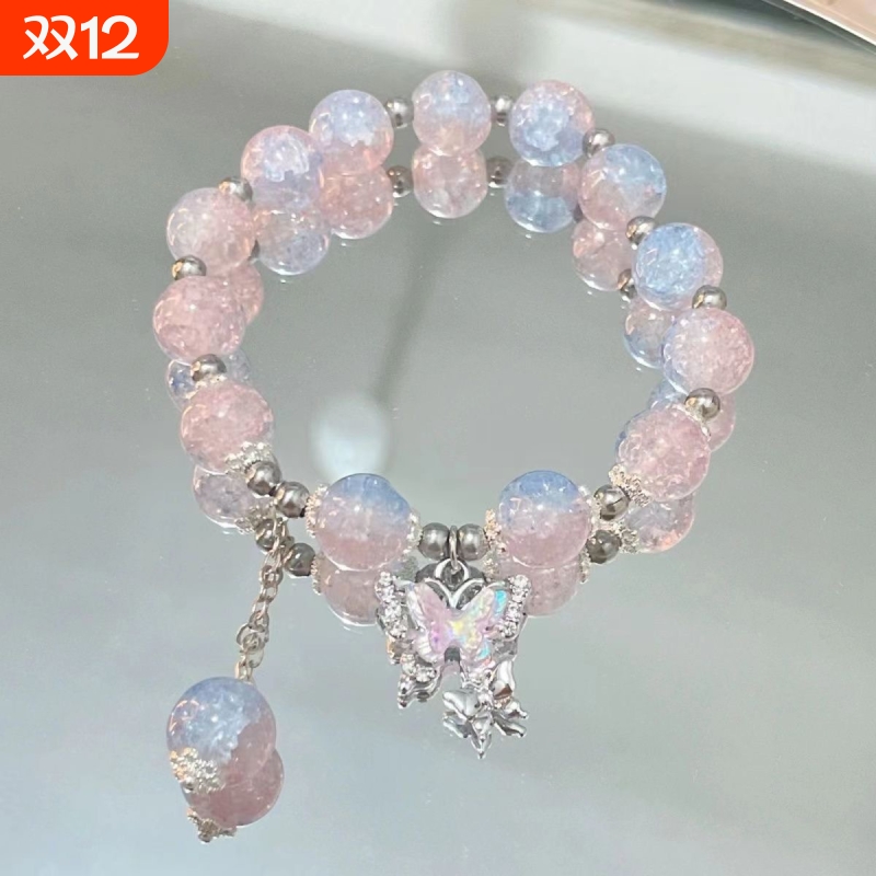 中式渐变爆花琉璃串珠手链女潮送闺蜜轻奢手饰竹节铃铛蝴蝶招财