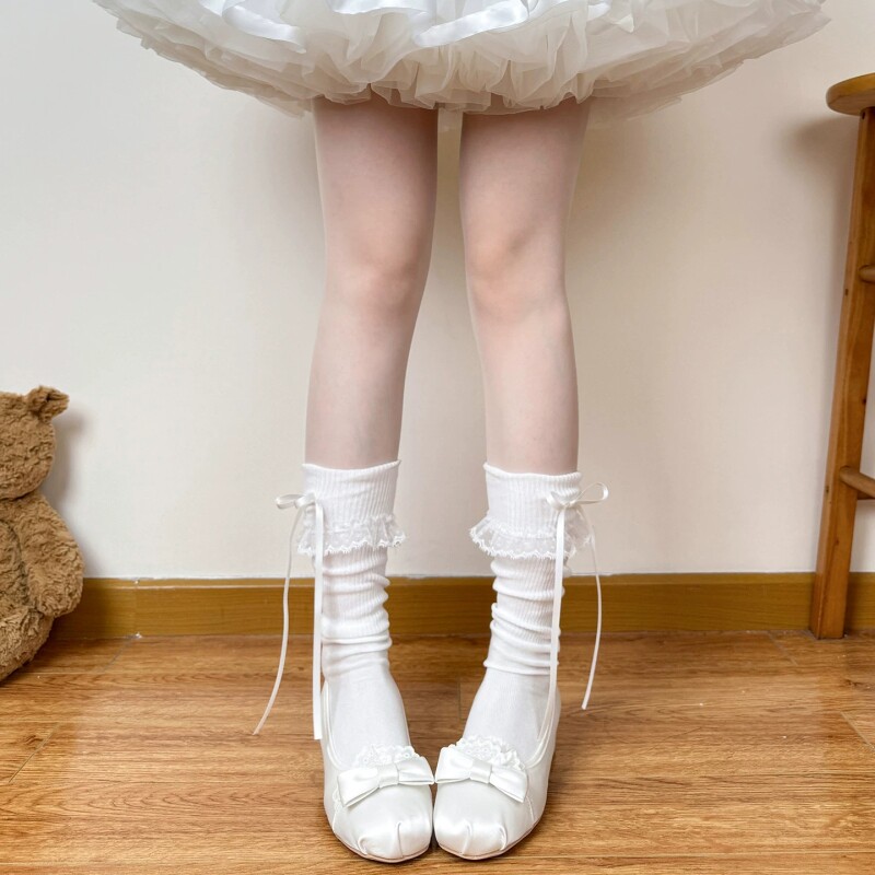 lolita袜子日系春夏薄款可爱少女蝴蝶结中筒袜蕾丝花边小腿堆堆袜
