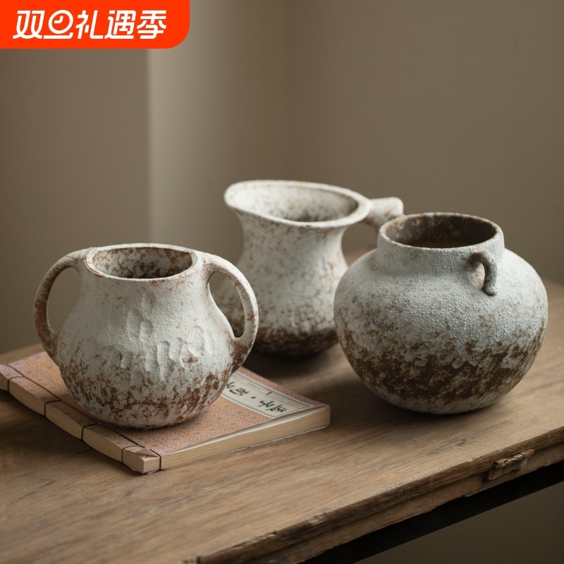 景德镇斑驳老旧陶瓷手工花瓶侘寂风花器客厅玄关插干花装饰品摆件