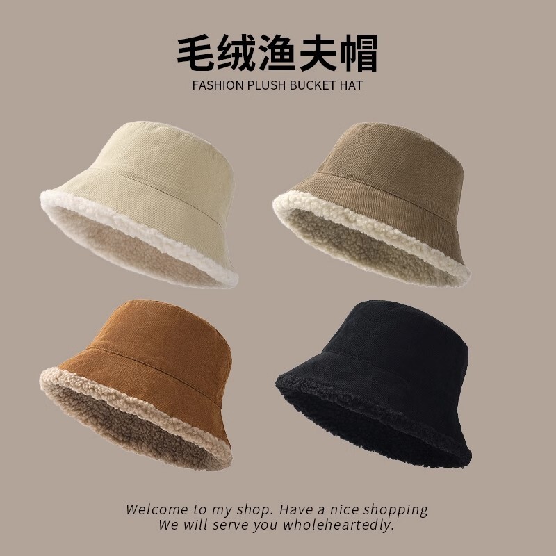 2025新款羊羔毛渔夫帽子女秋冬季保暖毛绒帽显脸小盆帽黑色骑行