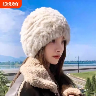 兔毛帽子女加厚毛绒皮草防寒保暖毛线针织帽护耳秋冬天包头帽