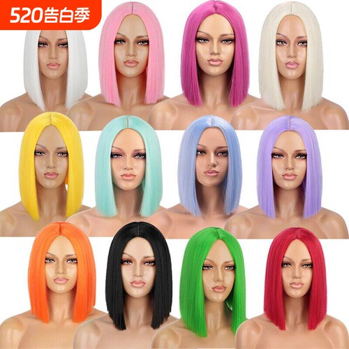 欧美假发 女中分bobo头齐肩锁骨发 中长款彩色直发全头套wigs hai