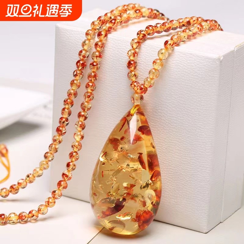 金珀利花珀水滴吊坠毛衣链仿蜜蜡花琥珀项链二代琥珀毛衣链坠手镯