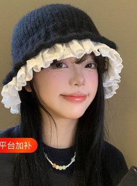 秋冬款蕾丝花边黑色针织渔夫帽