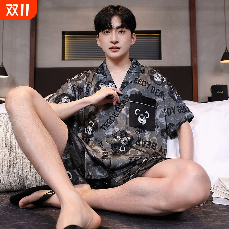 睡衣男款夏季冰丝绸薄款短袖青少年男士休闲夏天可外穿家居服套装