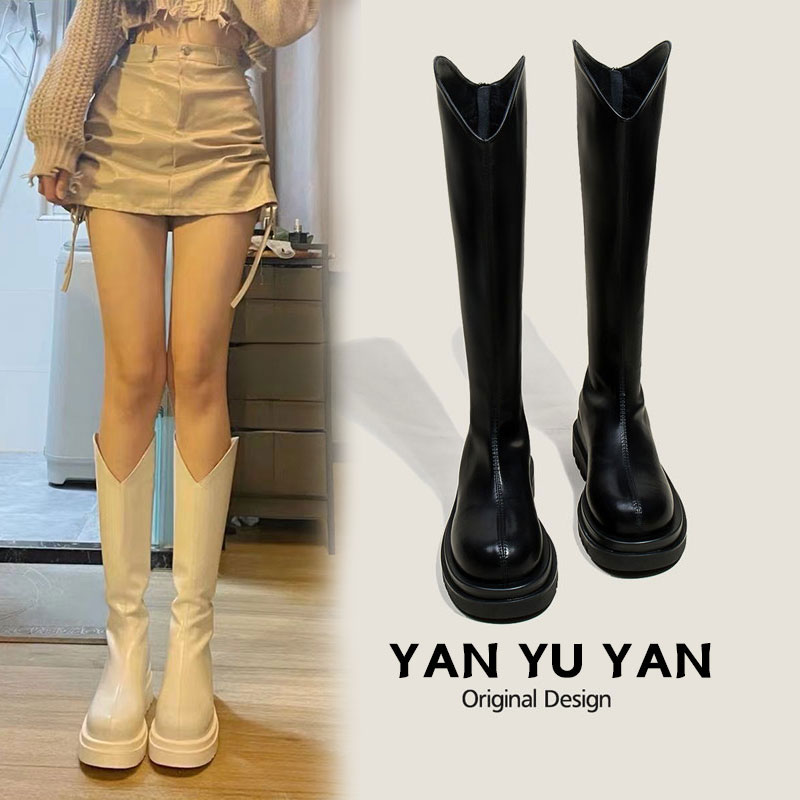 v口长靴女2024秋冬新款厚底显瘦增高白色长筒靴骑士靴棕色黑色